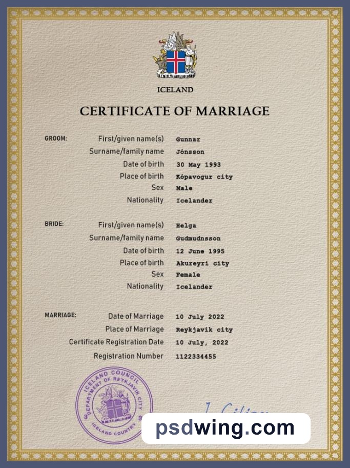 Iceland Marriage Certificate PSD Template